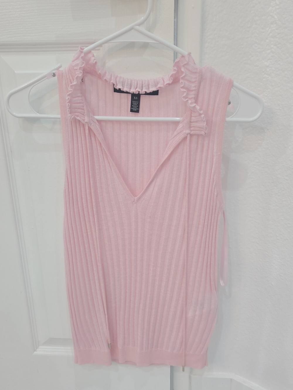 White House Black Market Pink Ribbed V-Neck Tank with Ruffle Trim